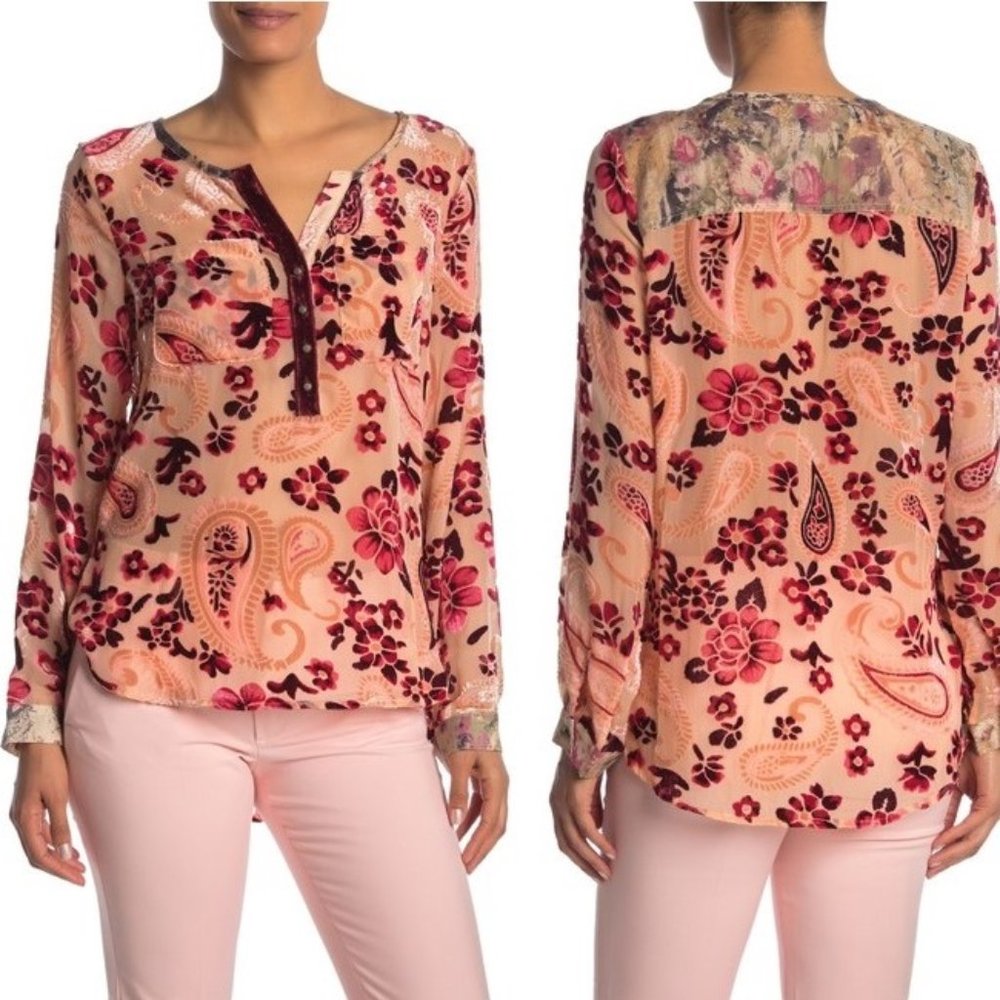 Aratta • Burnout Velvet Blouse • Small • Pink Red •Velvet Mix Floral Long Sleeve